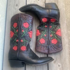 Vintage Montana Cowboy Boots  6.5 Black w/ Roses Leather EUC Gorgeous Western